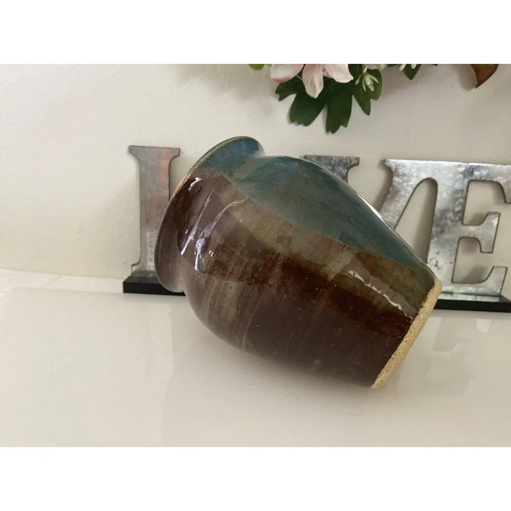 Blue and Brown Glazed Rare Signed by Artist Jen O MCM Studio Art Pottery Vase 5